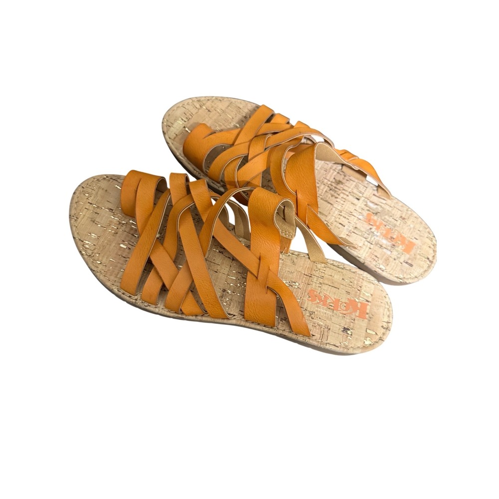 Korks Khell Sandals Women 10 Orange Strappy Leather Cork Gold Fleck‎ Slides